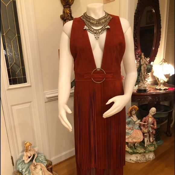 NEVER WORN ORANGE SUEDE DEEP V NECK DRESS WFRINGES - Picture 1 of 7